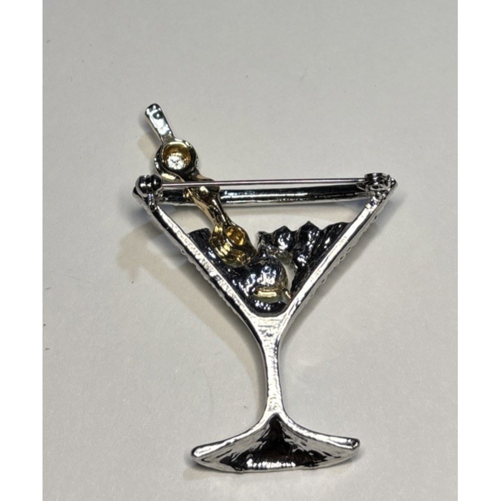 Martini Glass Brooch Rhinestone Cocktail Olive Silver Tone Barware Pin 2" - Picture 3 of 3